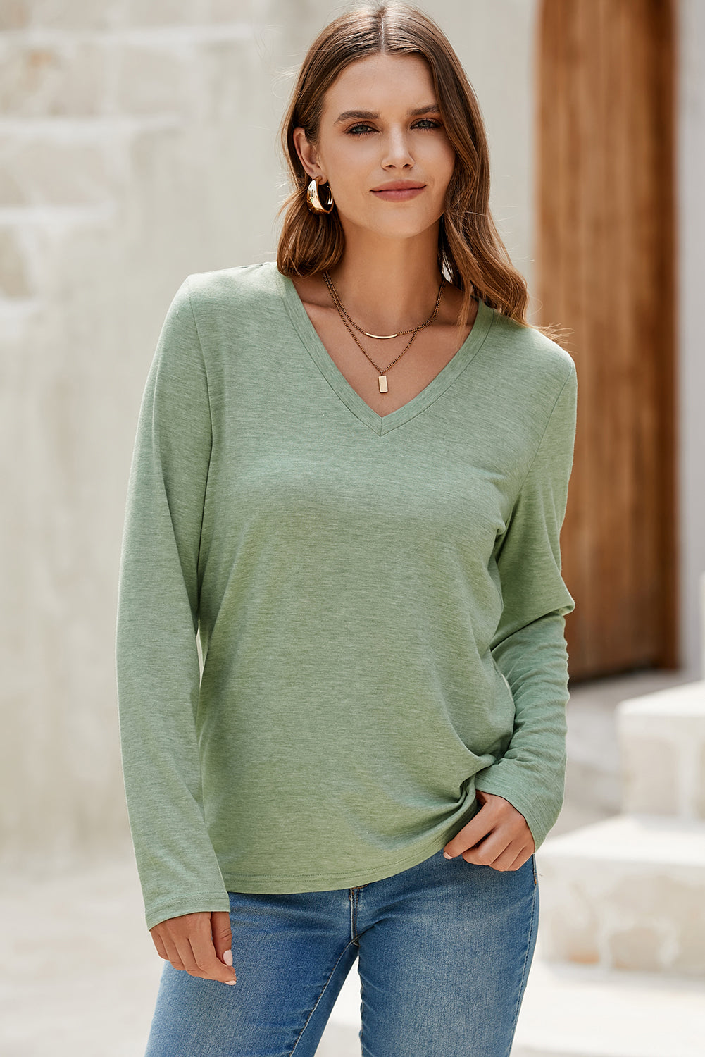 Grass Green Solid Color V Neck Long Sleeve Stretchy Top - Snoopy's Closet