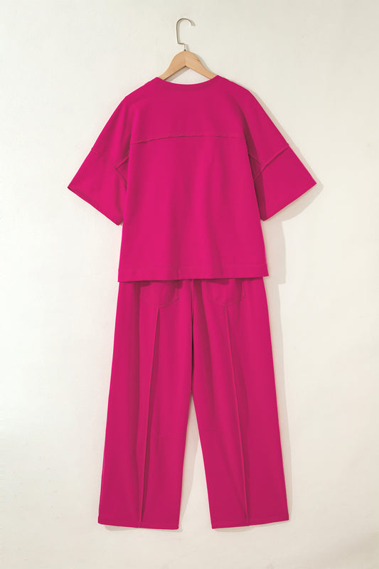 Conjunto de camiseta holgada con hombros caídos y pantalones tipo barril Rose Red