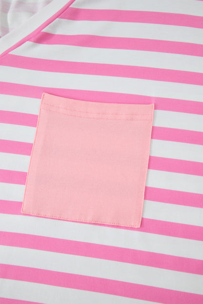 Pink Stripe Colorblock Patched Pocket V Neck Plus Size Tee - Snoopy's Closet