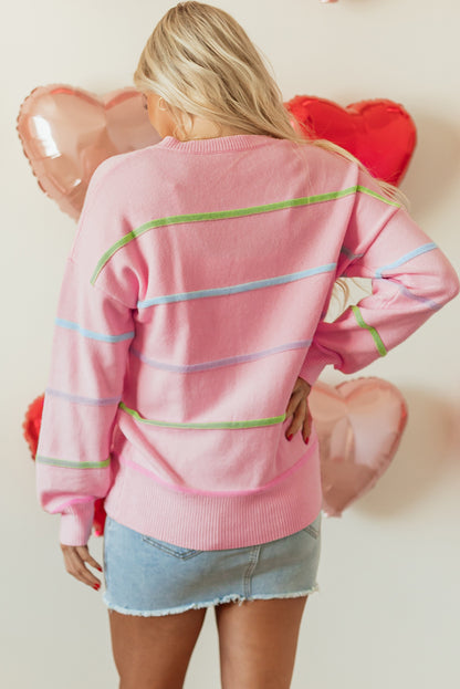 Suéter Henley holgado con rayas arcoíris rosas y hombros caídos
