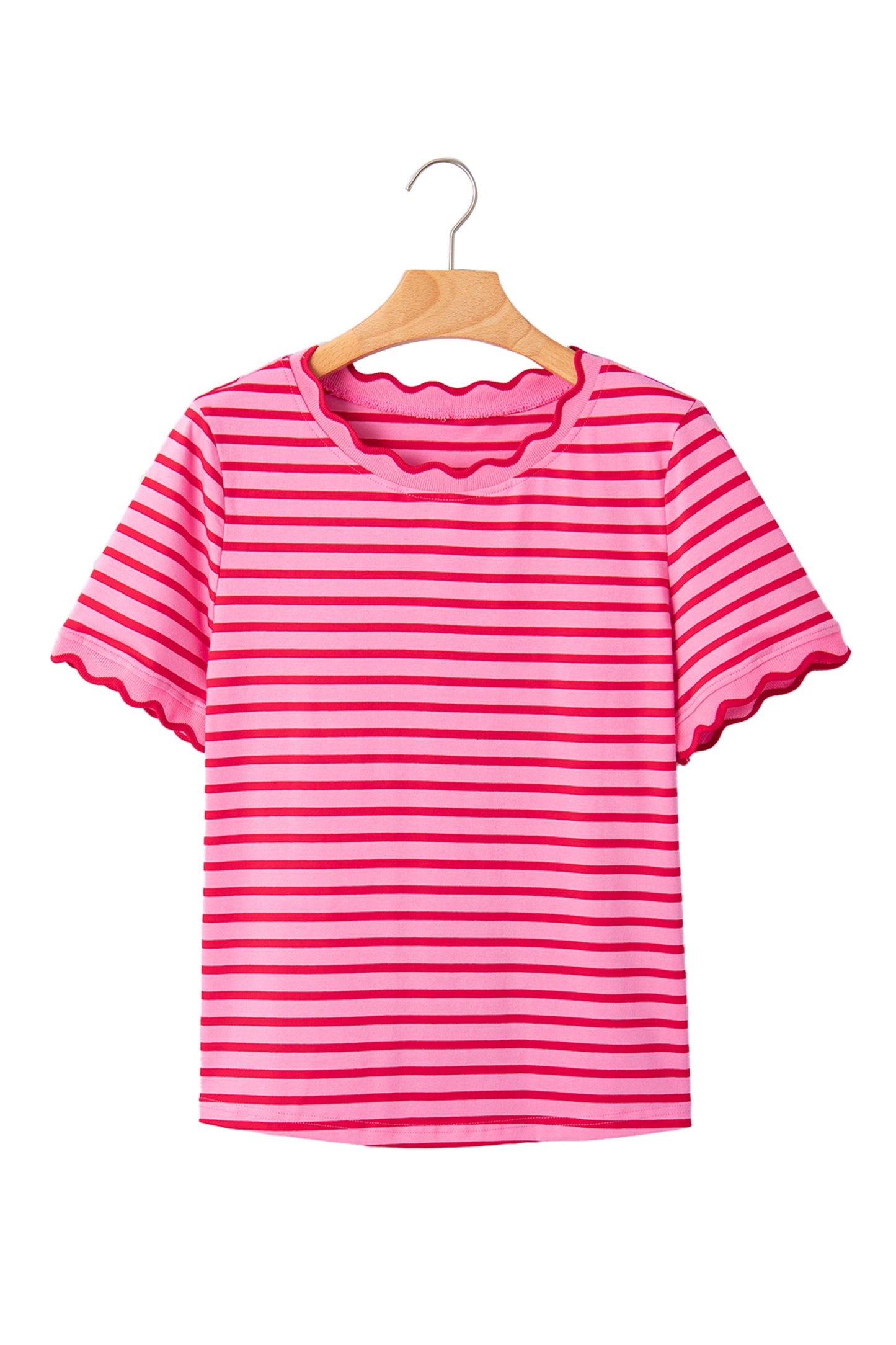 Camiseta de cuello redondo con ribete festoneado de rayas verdes