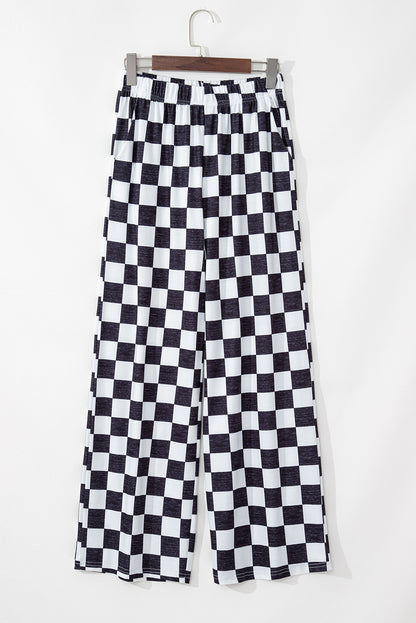 Pantalones anchos de cintura alta con estampado a cuadros de dos tonos negros