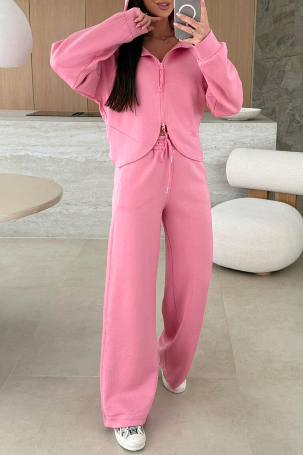 Pink Solid Color Zip Up Hoodie Drawstring Loose Pants Set - Snoopy's Closet