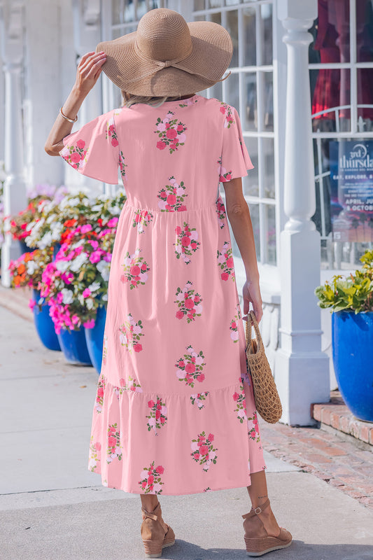 Pink Notched Neck Flutter Short Sleeve Floral Print Maxi Dress - Snoopy's Closet