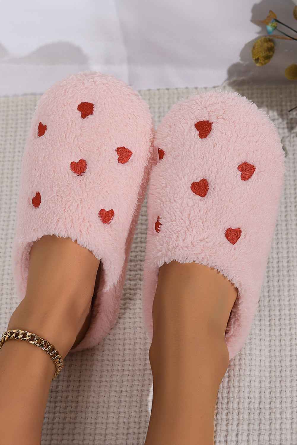 Pink Heart Shape Embroidered Slip On Plush Slippers