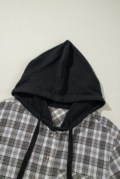 Camisa Chaqueta con Capucha, Estampado a Cuadros Negros, Corte Holgado y Botones