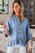 Beau Blue Half Sleeve Button Down Ruffled High Low Chambray Shirt