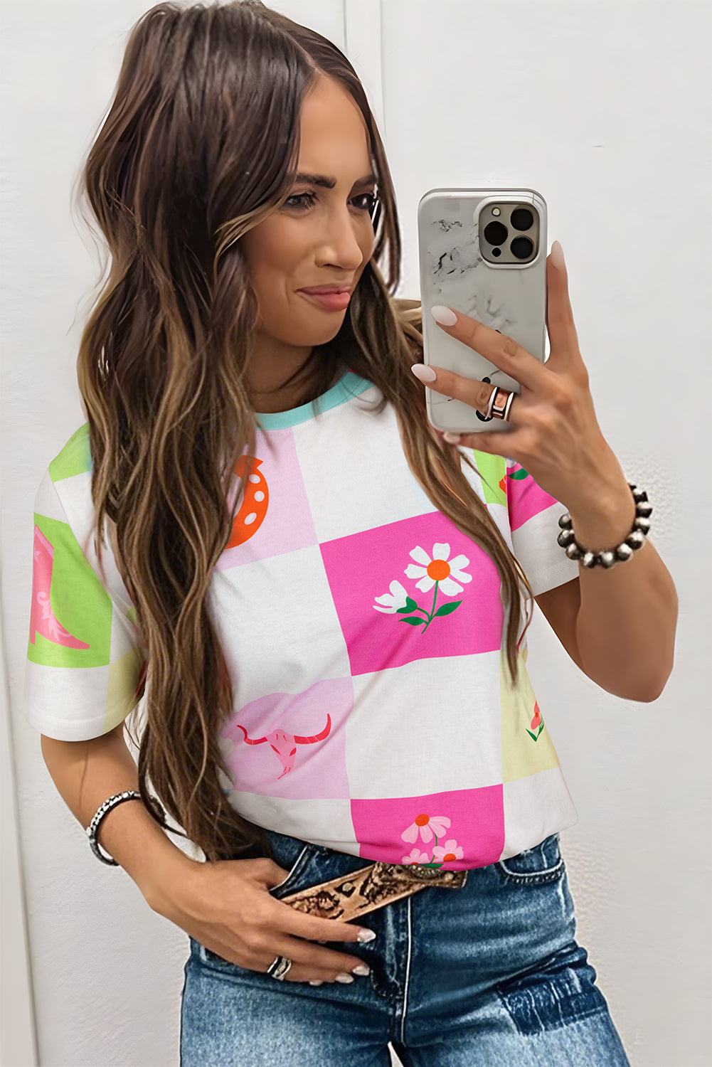 Purple Western Fashion Checker Print Crewneck T Shirt - Snoopy's Closet