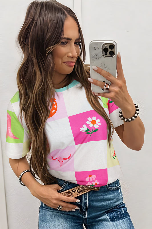 Purple Western Fashion Checker Print Crewneck T Shirt - Snoopy's Closet
