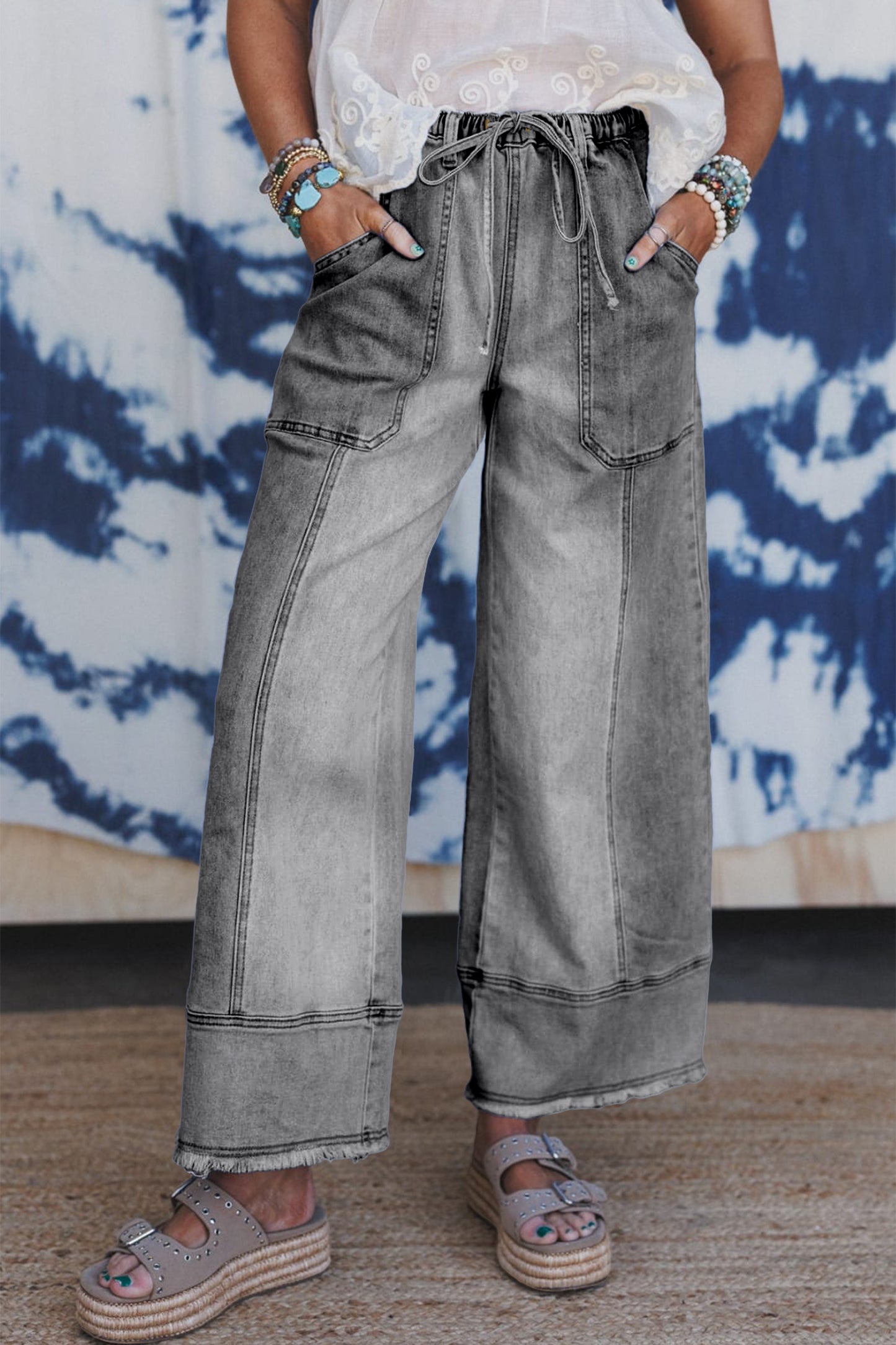 Pantalones Anchos Vaqueros Grises con Cordón, Detalle de Costura y Bajo Sin Rematar