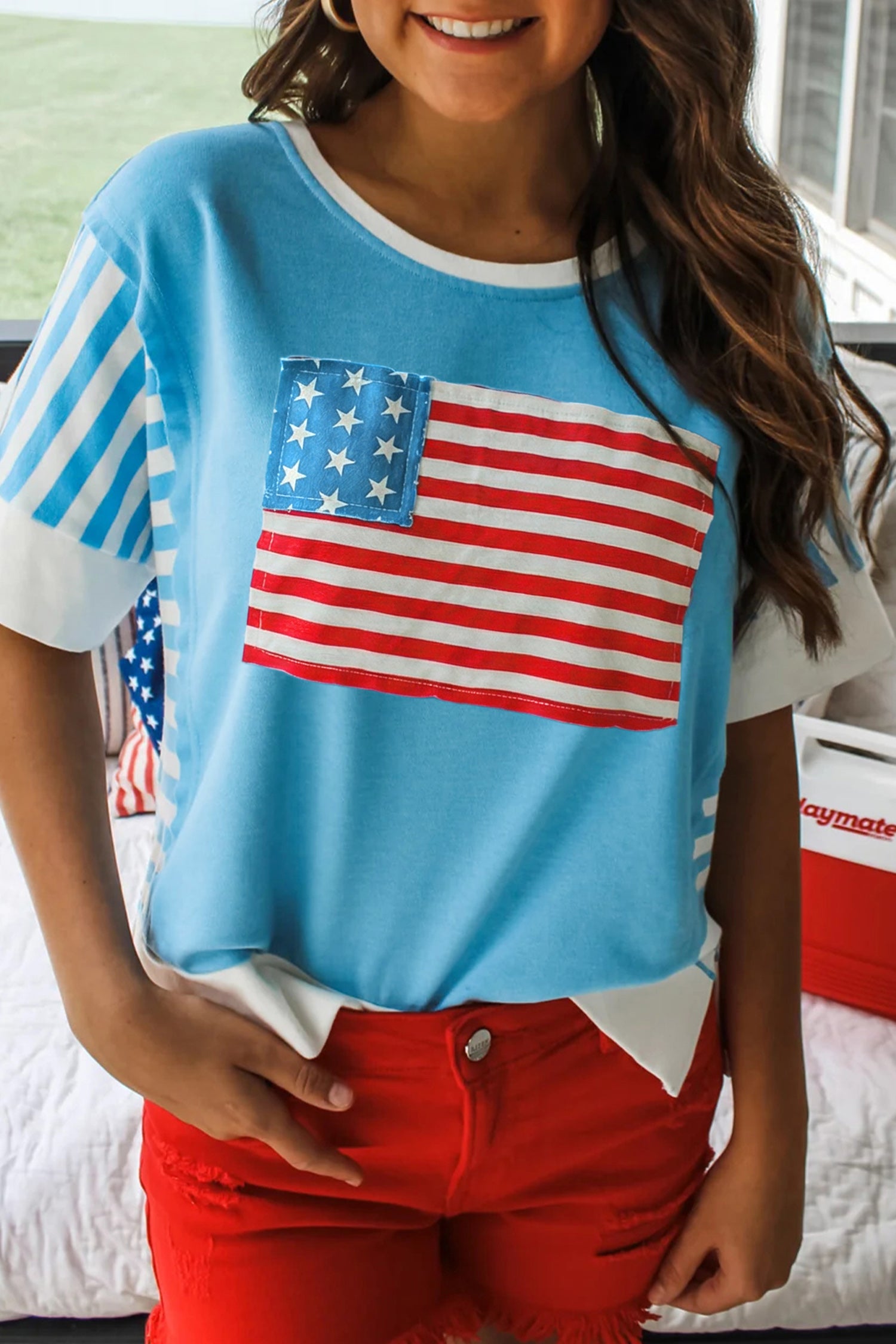 Light Blue Flag Print Patchwork Colorblock July 4th T Shirt