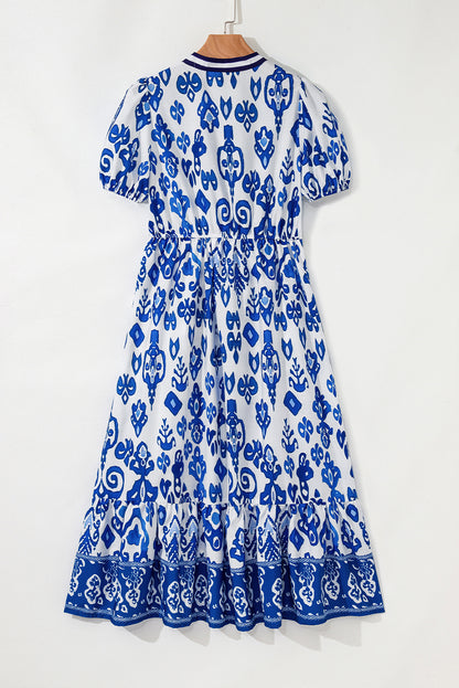 Vestido maxi azul floral de manga corta abullonada con cuello en V y cintura alta