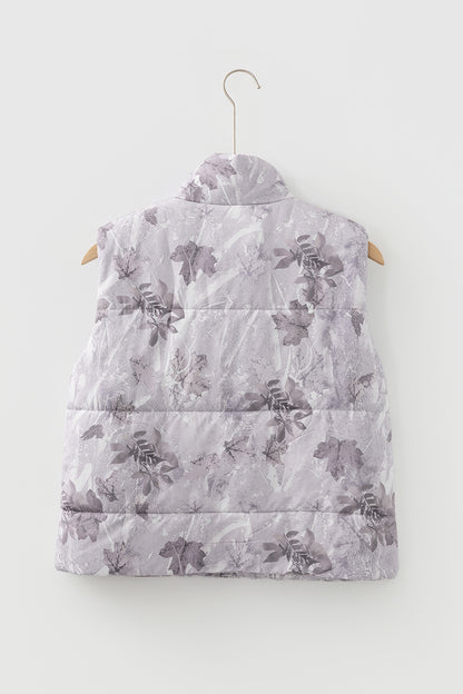 Chaleco acolchado de invierno con estampado de hojas de camuflaje gris