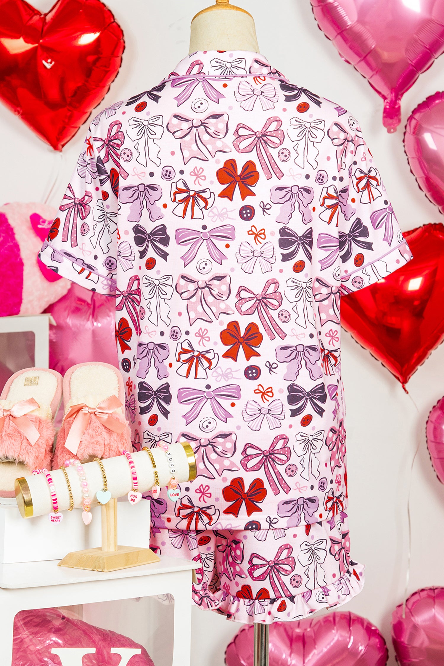 Pink Cute Ribbon Bows Printed 2pcs Short Pajama Set - Snoopy's Closet