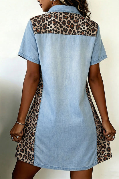 Minivestido con cuello de camisa Myosotis Denim con bloques de color y retales de leopardo