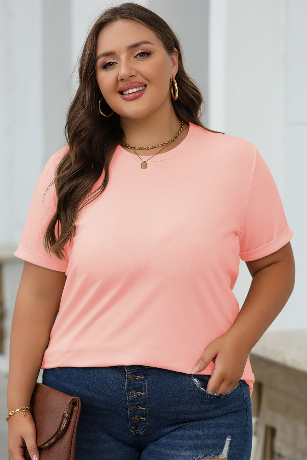 Pink Casual Plain Crew Neck Tee - Snoopy's Closet