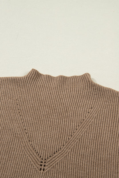 Suéter sin mangas holgado de cuello alto de punto acanalado color beige francés claro liso