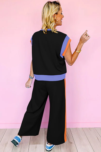 Black Color Block Detail Casual Two-piece Outfit - Snoopy's Closet