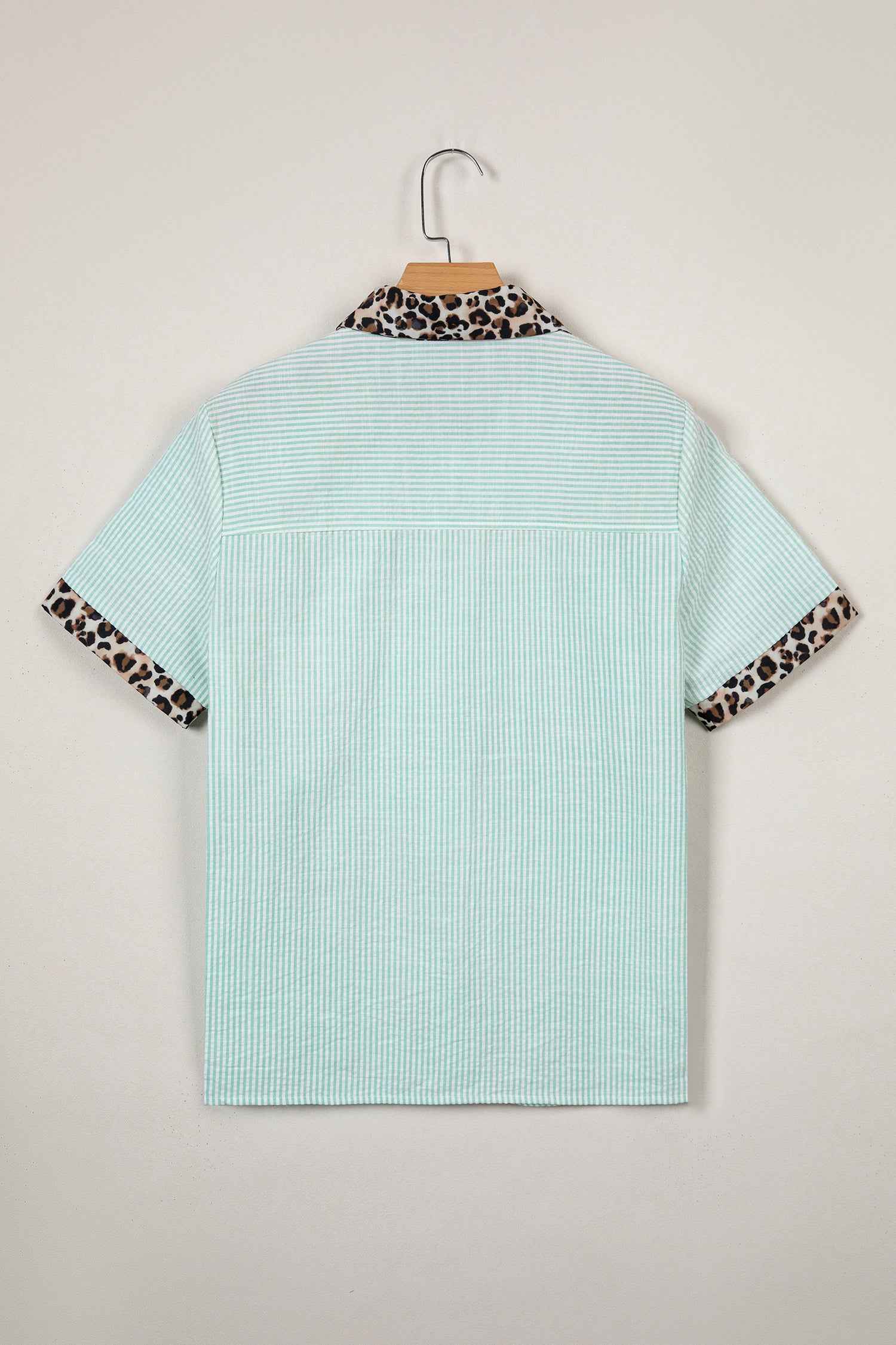 Green Stripe Leopard Contrast Collar Short Sleeve Shirt