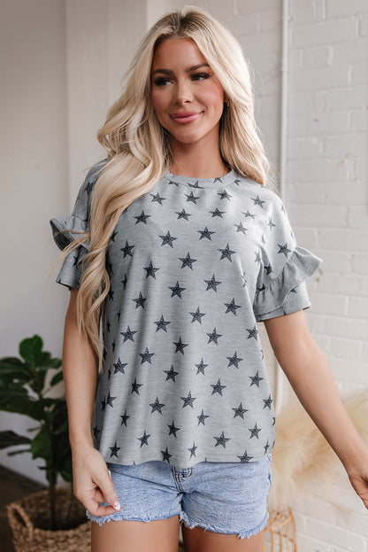 Gray Star Print Tiered Ruffled Sleeve Crew Neck T Shirt - Snoopy's Closet