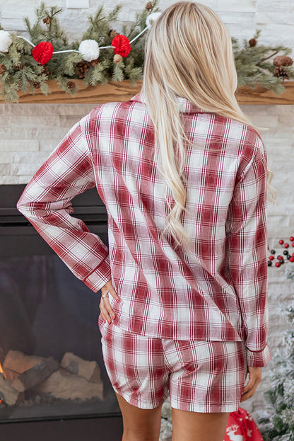Red Retro Plaid Long Sleeve Shirt Drawstring Shorts 2pcs Lounge Set - Snoopy's Closet
