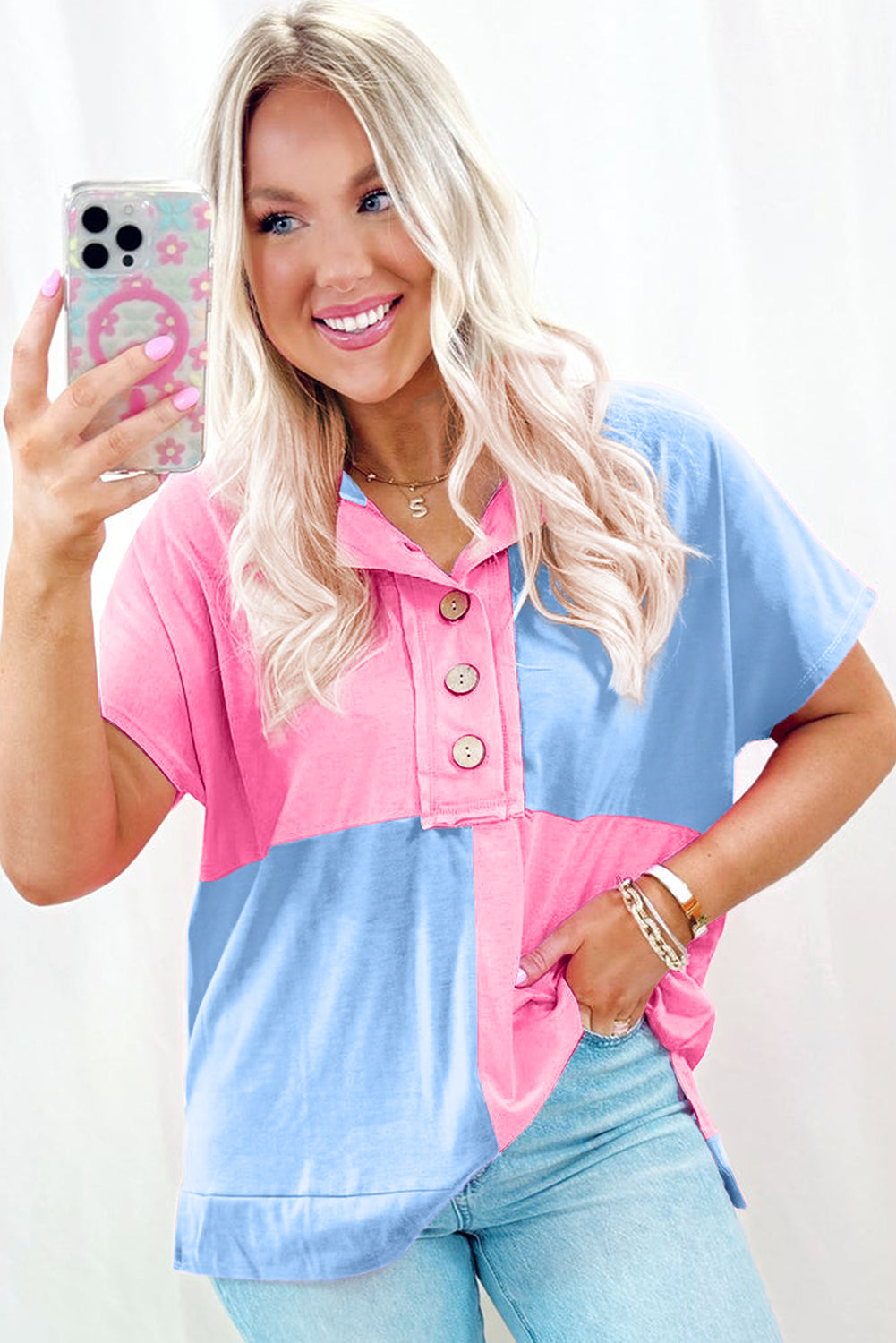 Camiseta con botones, cuello y dos tonos Myosotis