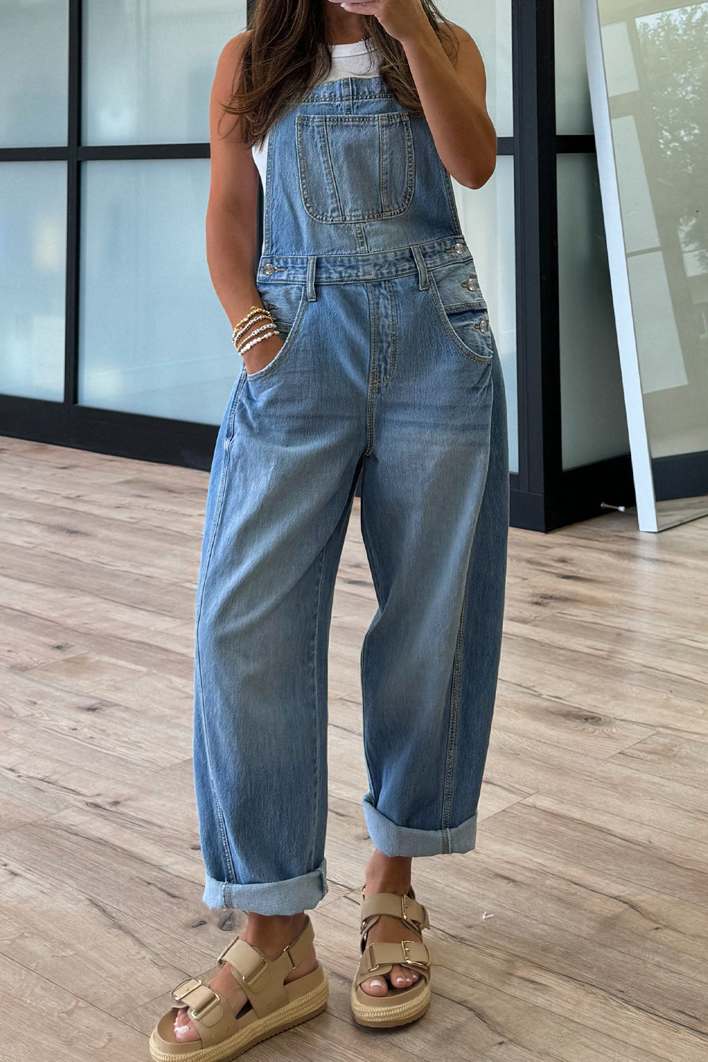 Dusk Blue Adjustable Buckle Barrel Denim Overalls - Snoopy's Closet
