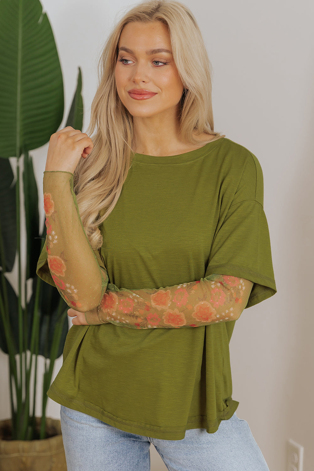 Fern Green Faux Two Piece Floral Long Sleeve Patchwork Tee - Snoopy's Closet
