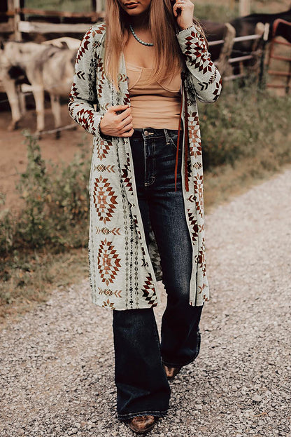 Brown Western Aztec Printed Open Front Long Cardigan - Snoopy's Closet