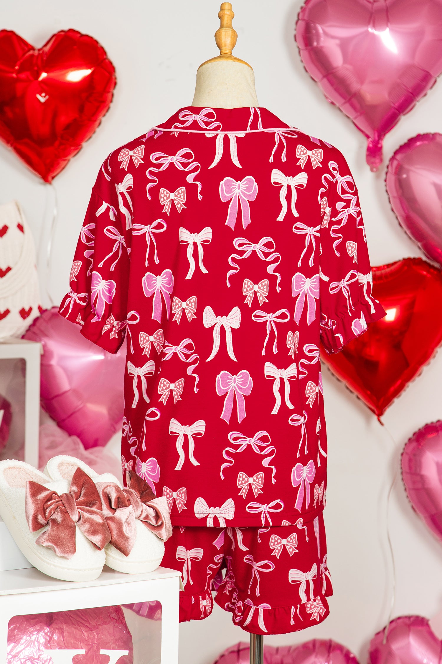 Red Sweet Bow Print Ruffled Short Sleeve Shirt Shorts 2pcs Pajama Set - Snoopy's Closet