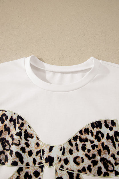White Contrast Leopard Bow Patched Short Sleeve T Shirt Long Dress