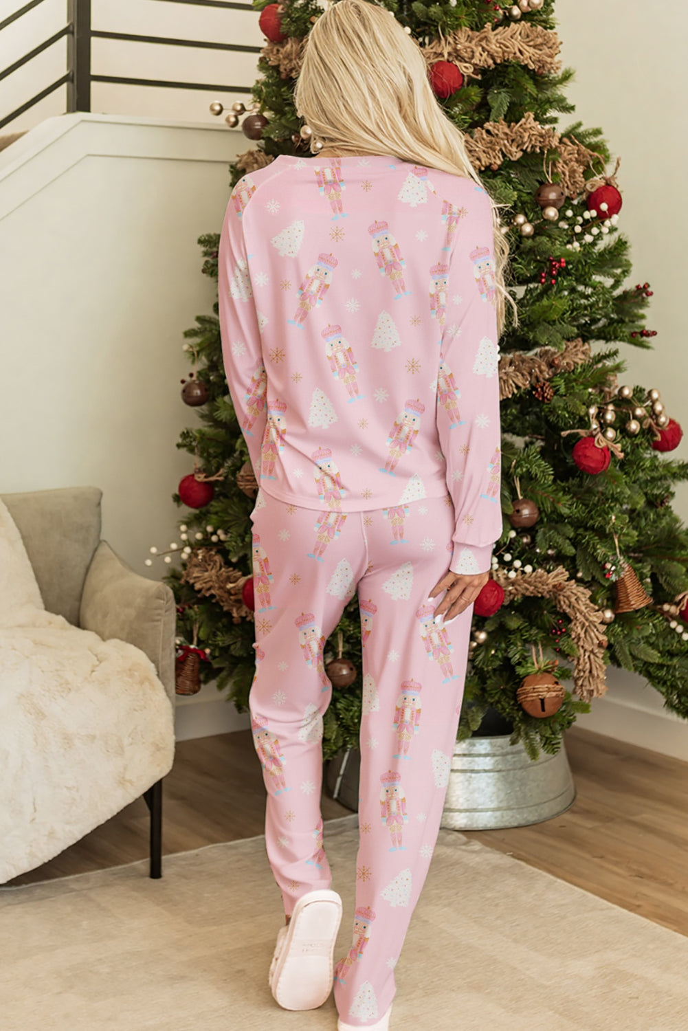 Pink Christmas Tree Nutcracker Print 2pcs Lounge Pant Set - Snoopy's Closet