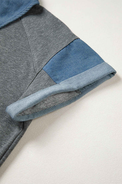 Carbon Grey Denim Color Block Patchwork Shirt Collar Short Sleeve Blouse