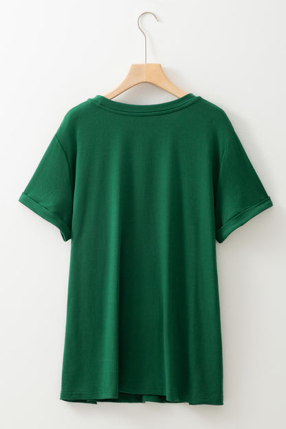 Dark Green Round Neck Rolled Sleeve Plus Size T-shirt - Snoopy's Closet