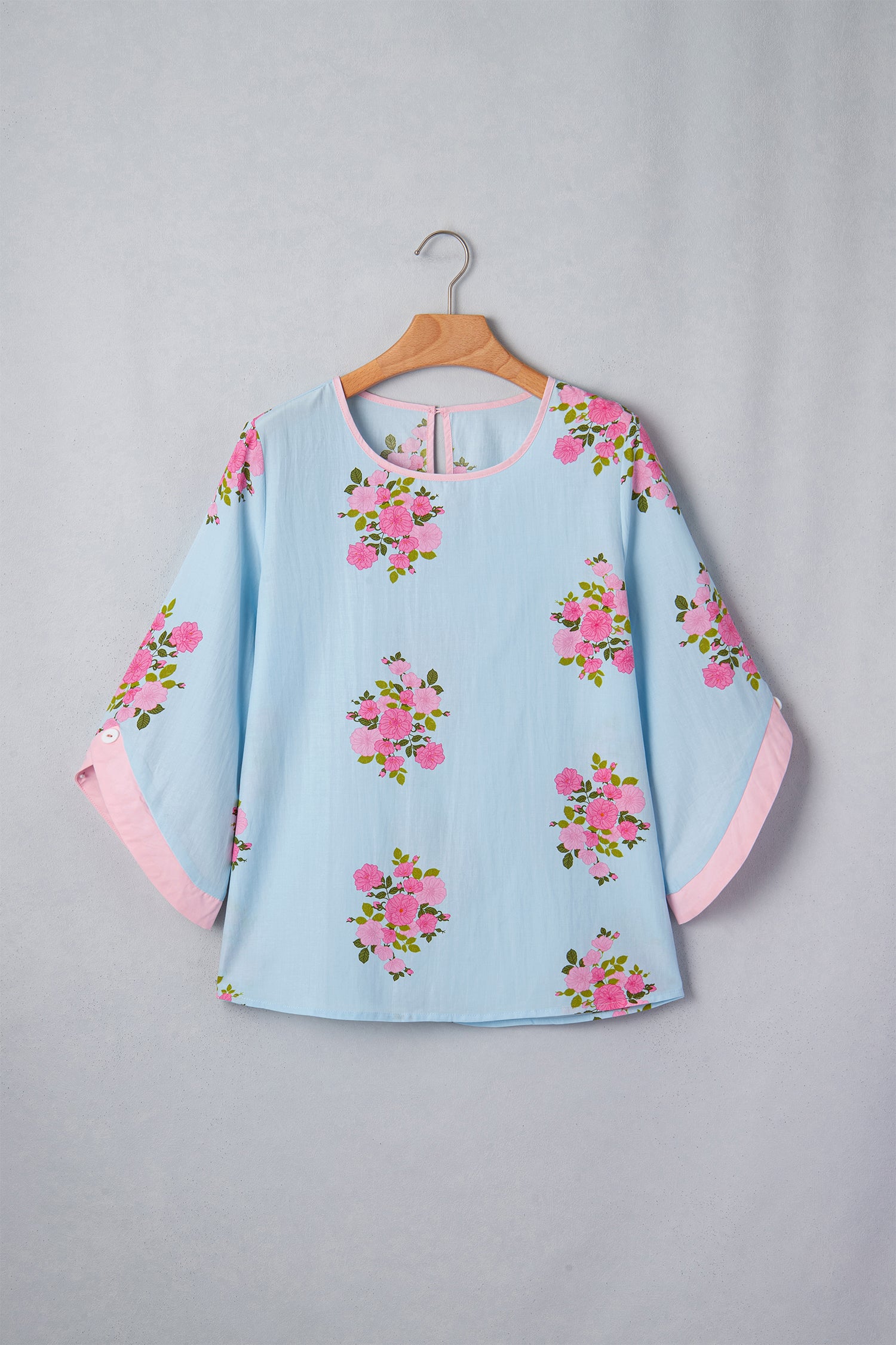 Sky Blue Floral Print Button Cuffed 3/4 Sleeve Round Neck Blouse - Snoopy's Closet
