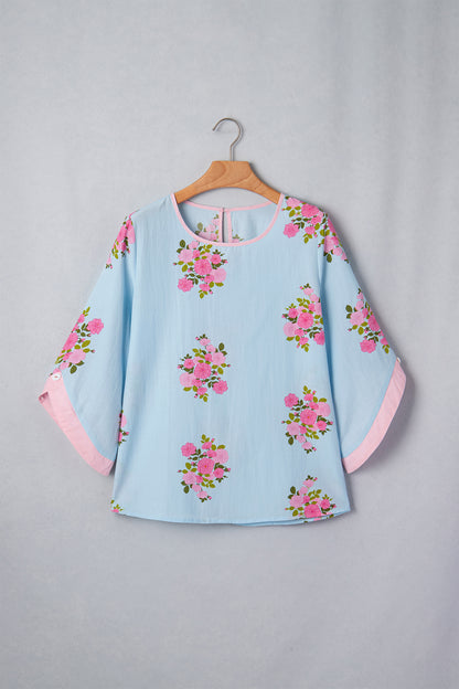 Sky Blue Floral Print Button Cuffed 3/4 Sleeve Round Neck Blouse - Snoopy's Closet