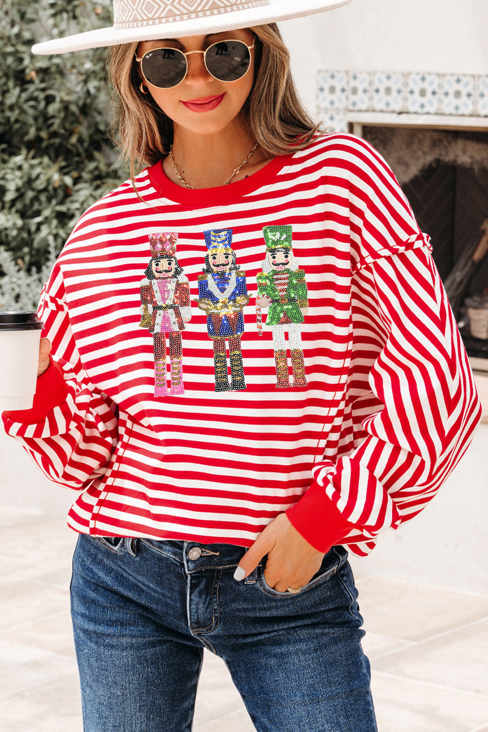 Red Stripe Christmas Nutcracker Sequin Patched Drop Shoulder Top - Snoopy's Closet