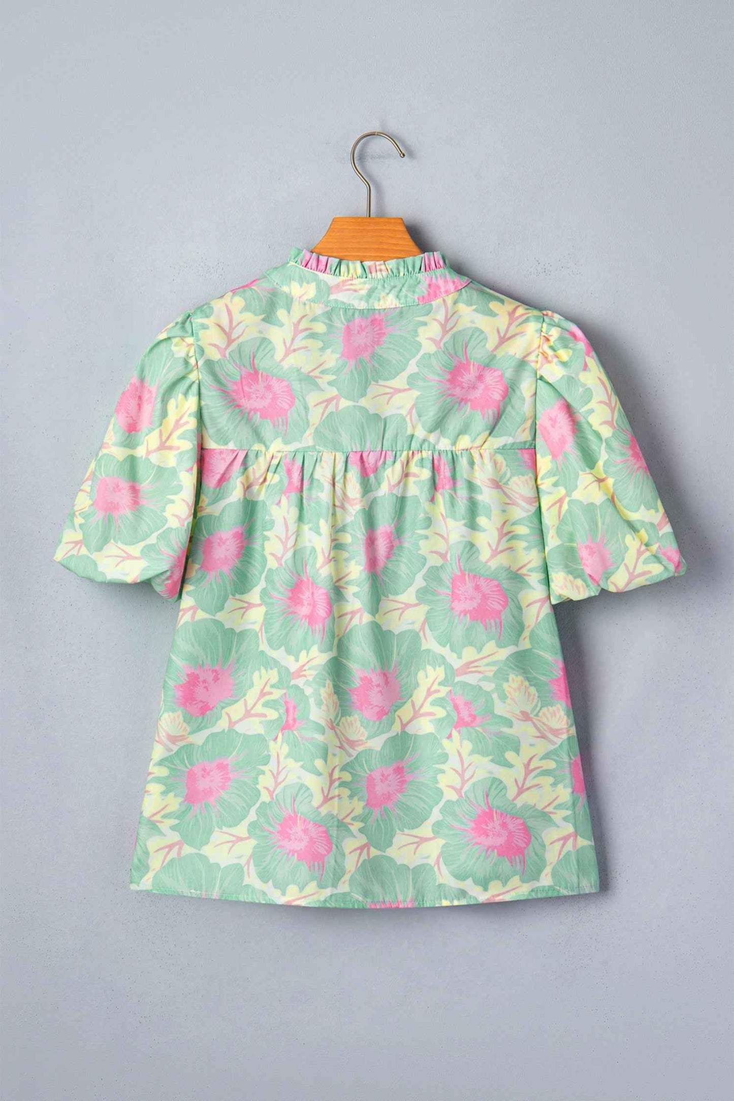 Green Short Bubble Sleeve Summer Floral Blouse