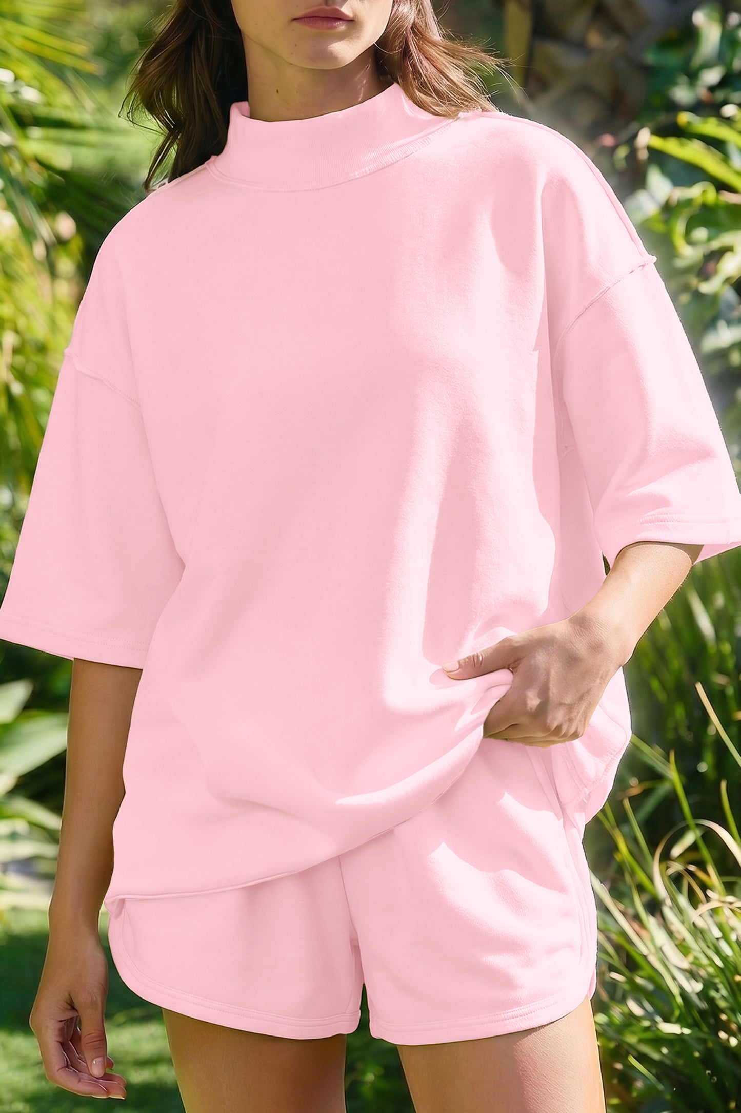 Moonlight Jade Solid Color Exposed Seam Mock Neck Oversize Tee Casual Shorts 2pcs Outfit - Snoopy's Closet