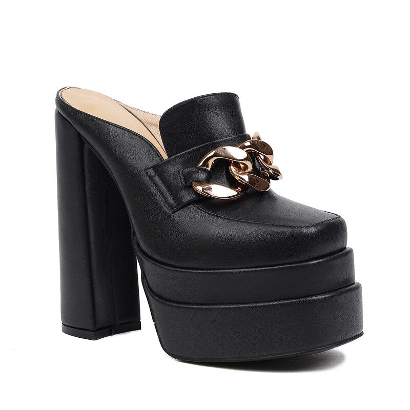 processing time:3-5 days after placing orders--Women Sandals Genuine Leather Super High Heels Slippers Platforms Mules Wedding Party Shoes Woman Fashion Chain Pumps