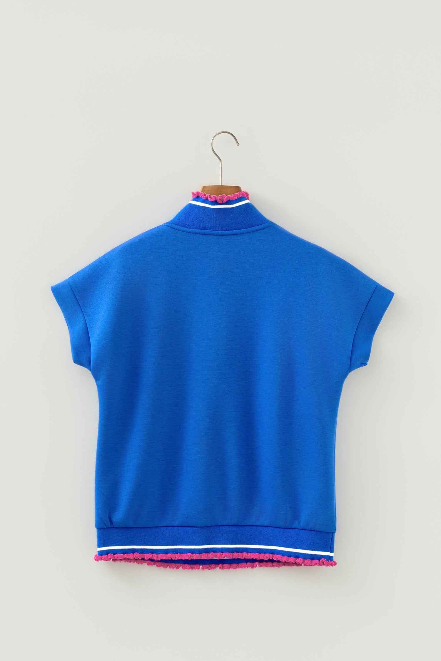 Sky Blue Contrast Frilled Trim Button Collared Short Sleeve Knit Top