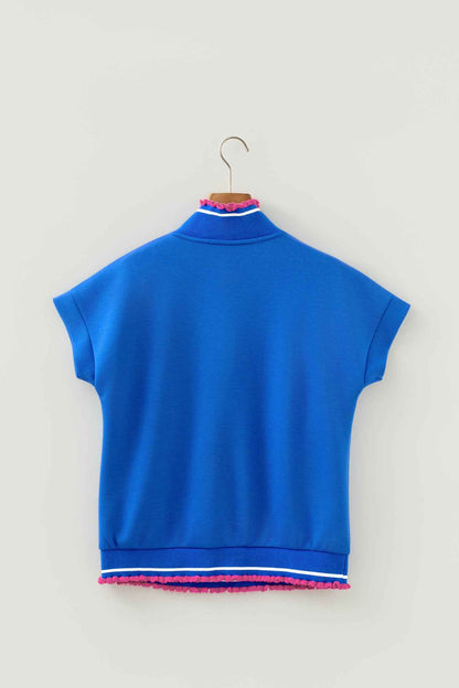 Sky Blue Contrast Frilled Trim Button Collared Short Sleeve Knit Top