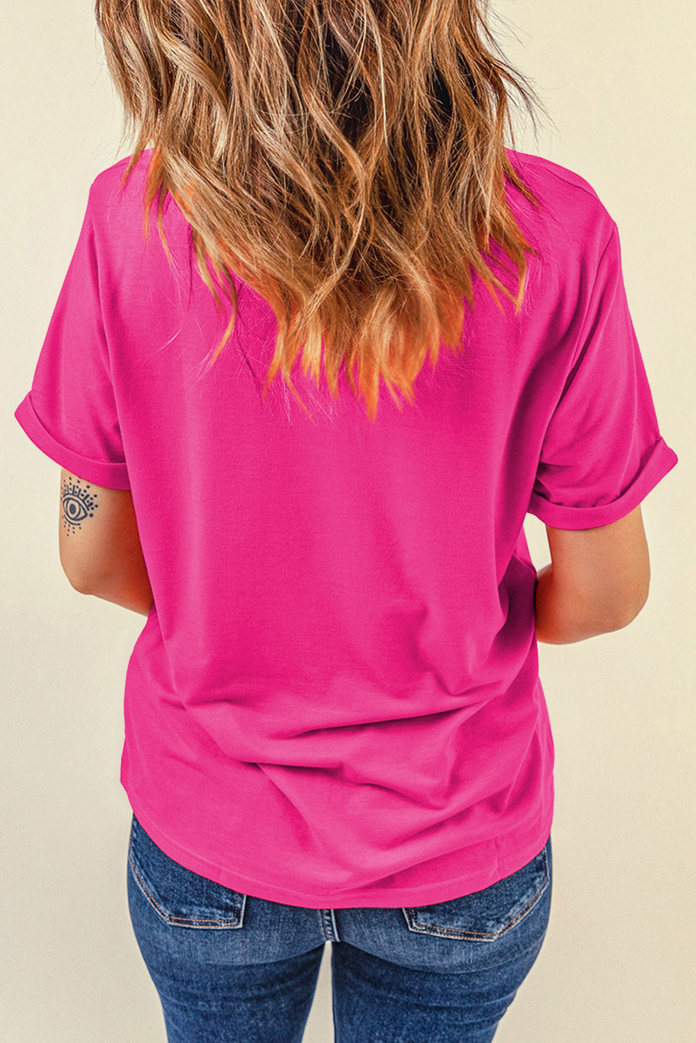 Rose Red Casual Plain Crew Neck Tee - Snoopy's Closet