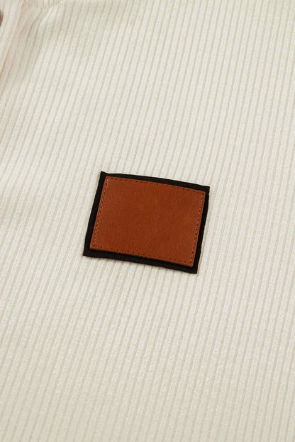 Beige Denim Patchwork Short Sleeve Ribbed Shirt
