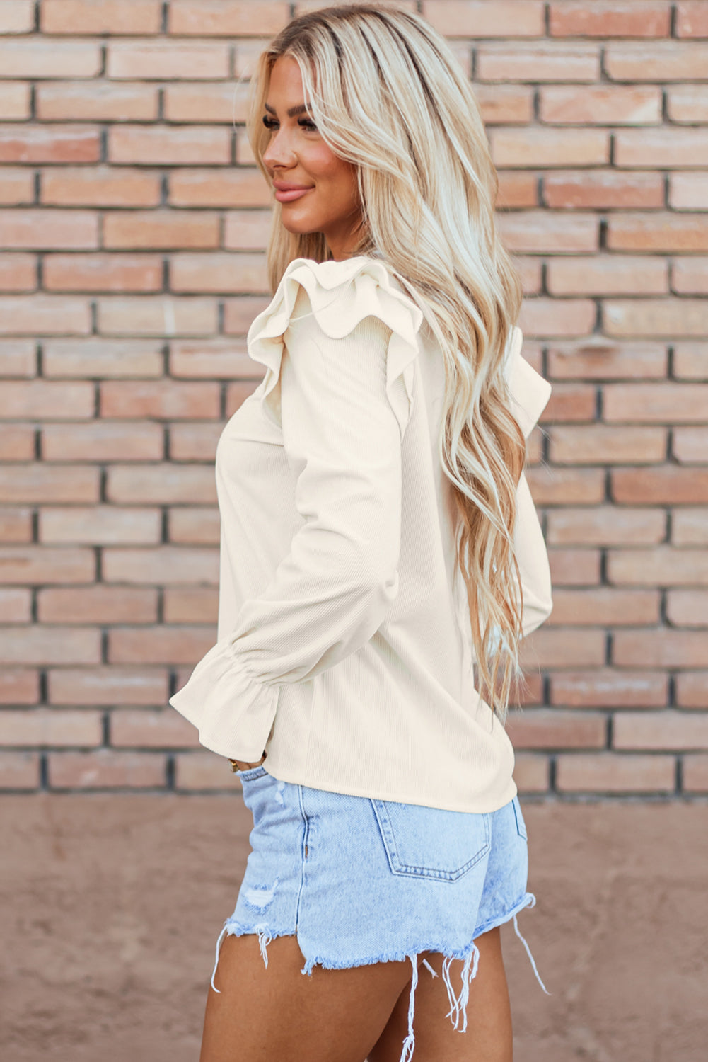 Beige Ruffled Flounce Sleeve Corduroy Blouse - Snoopy's Closet