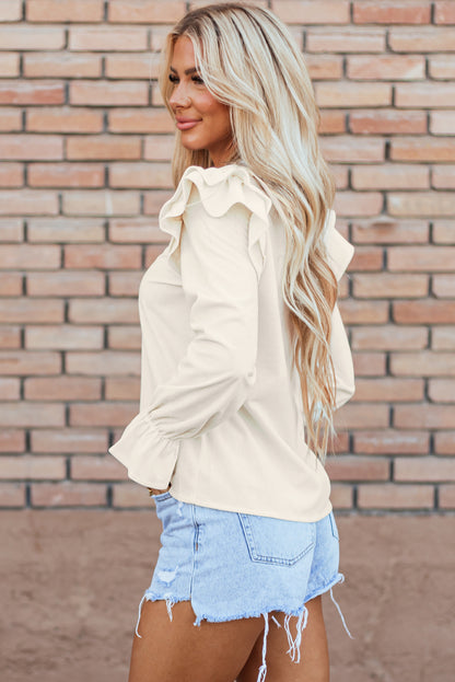 Beige Ruffled Flounce Sleeve Corduroy Blouse - Snoopy's Closet