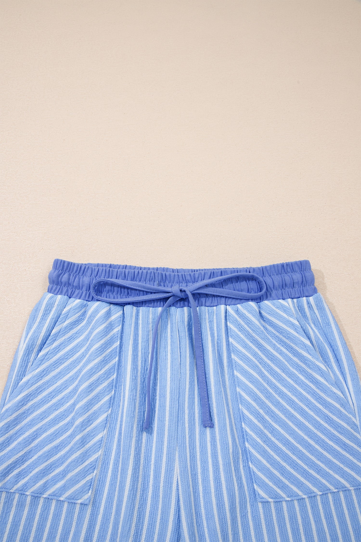 Sky Blue Stripe Crew Neck Tee Drawstring Waist Cropped Pants Set - Snoopy's Closet