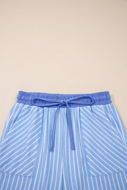 Sky Blue Stripe Crew Neck Tee Drawstring Waist Cropped Pants Set - Snoopy's Closet