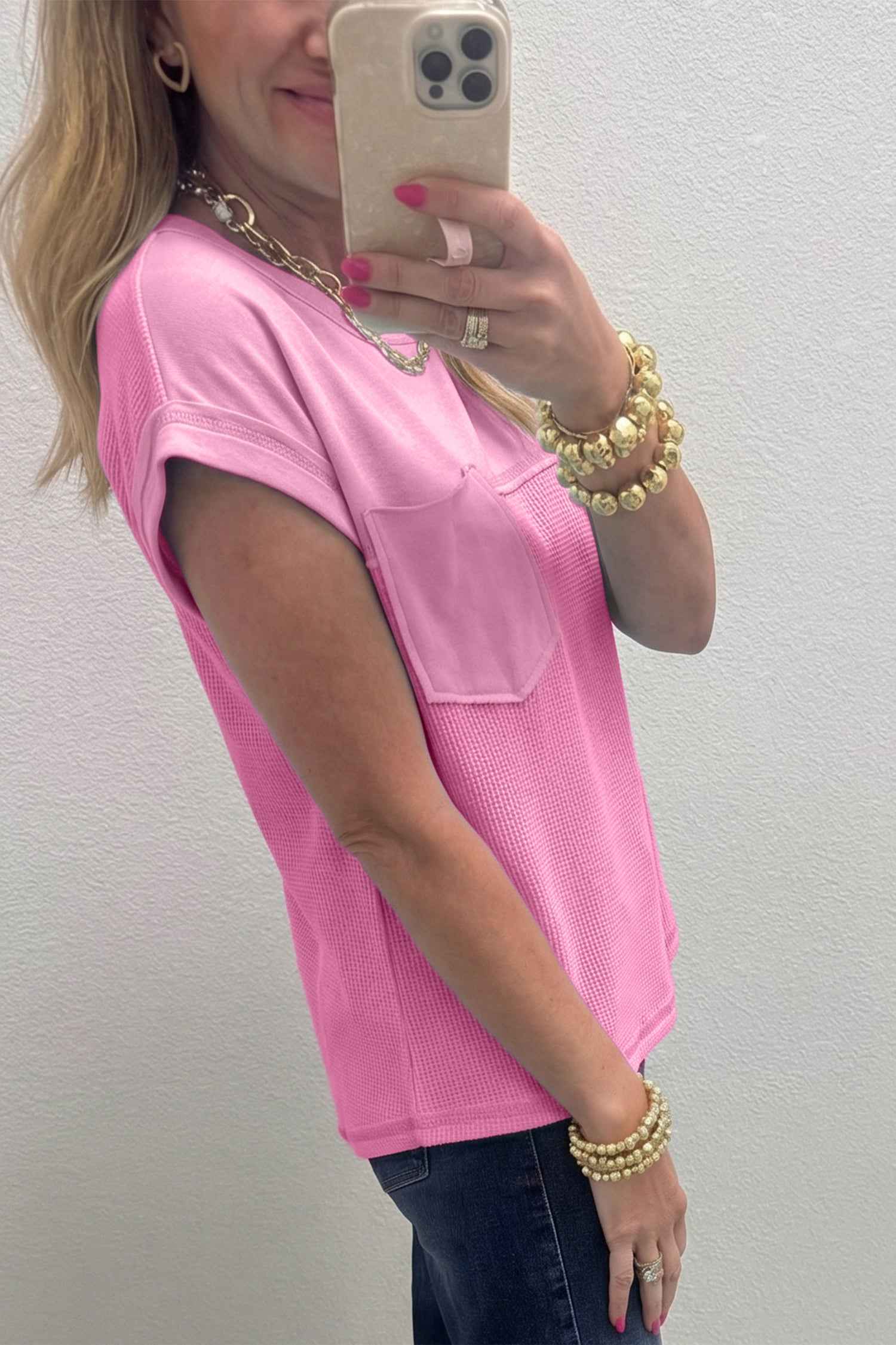 Pink Solid Color Raw Seam Waffled Patchwork Casual T Shirt