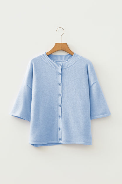Cárdigan de punto holgado con cuello abotonado y manga 3/4 en azul Beau
